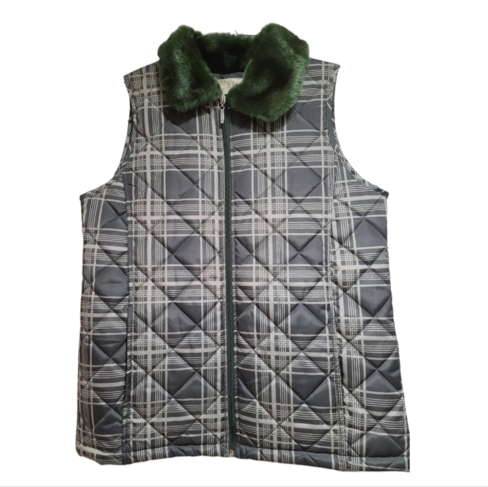 Vintage Debbie Morgan Plaid Quilted Puffer Vest With Faux Fur Collar, Size S - Picture 1 of 6